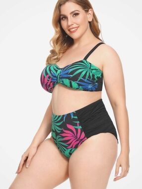 AS ROSE RICH Tropical Leaf Twist Front High Waist Ruched Bikini Set - SIZE 3X